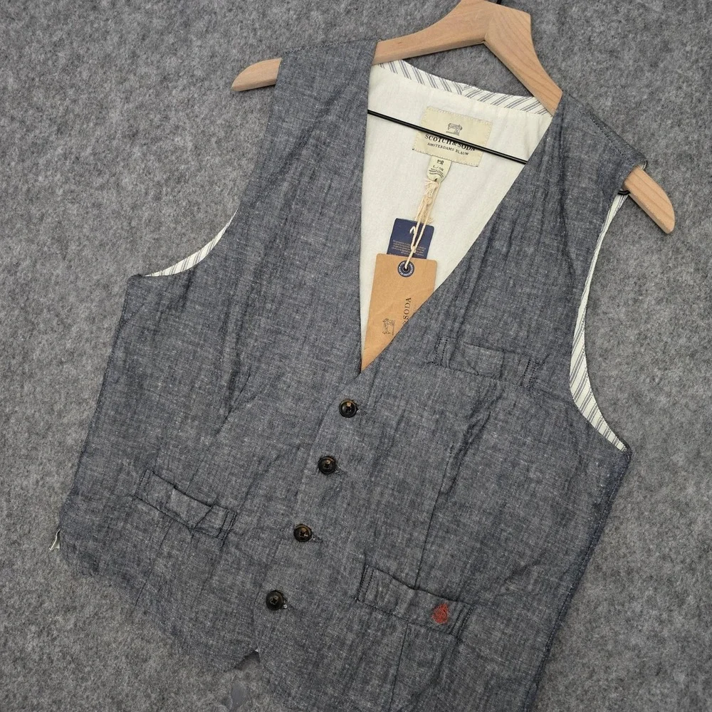 Scotch & Soda Vest Mens 50L Blue Indigo Denim Belted Cotton Casual Suit Blauw